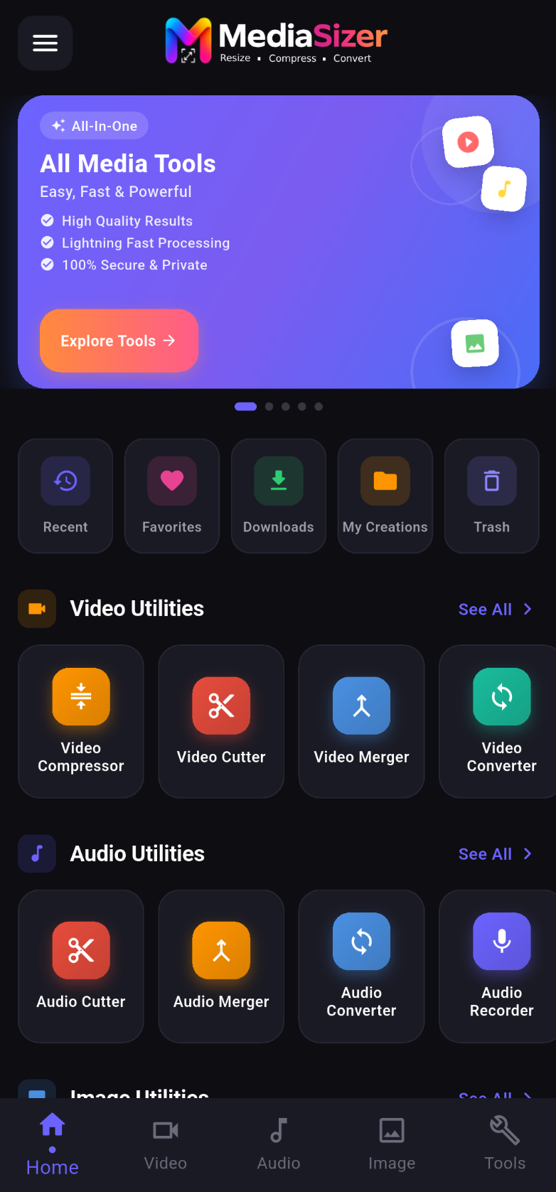 MediaSizer home screen